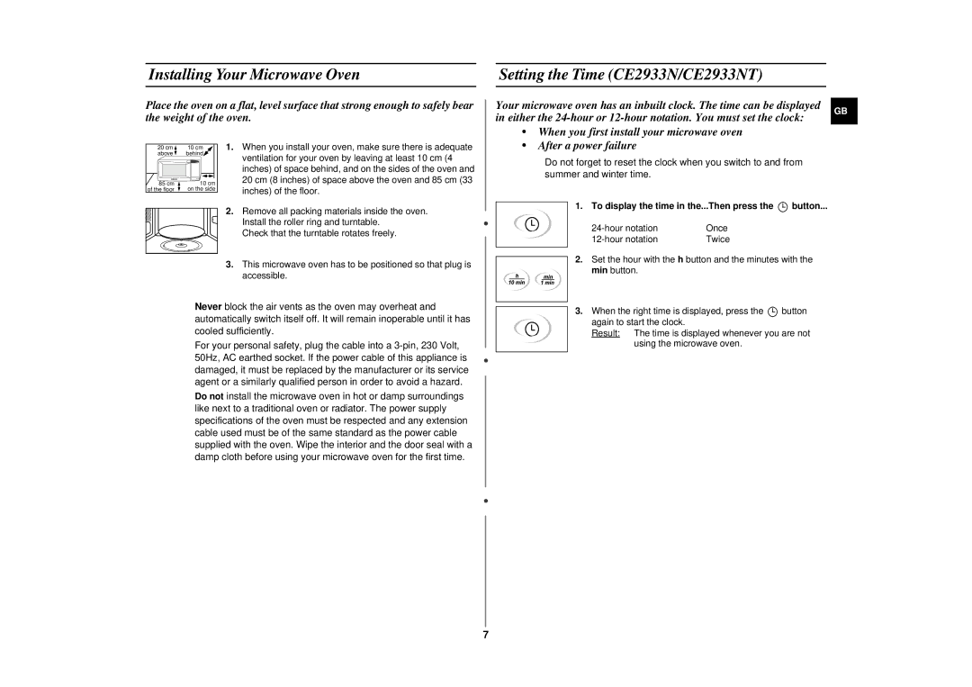 Samsung CE2913N/XSV manual Ventilation for your oven by leaving at least 10 cm, Inches of the floor, Hour notation Once 