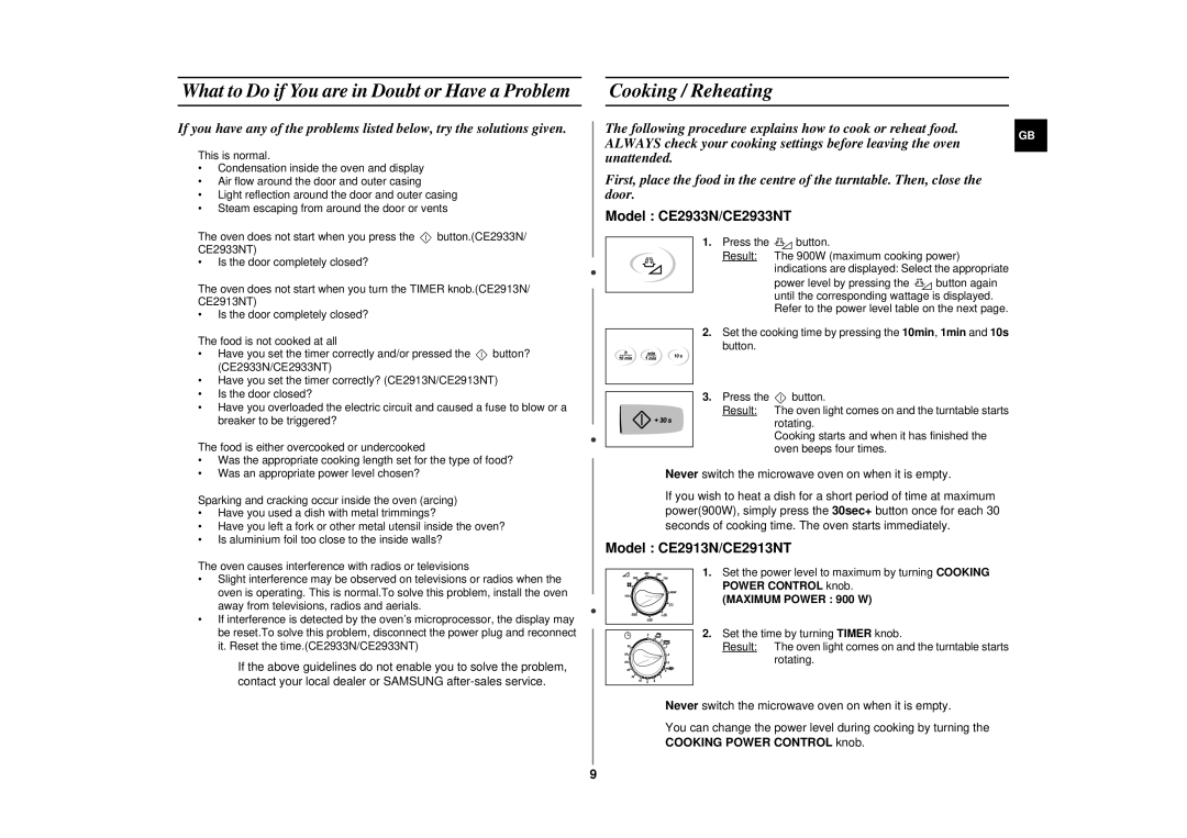 Samsung CE2913N/XSV manual Cooking / Reheating, What to Do if You are in Doubt or Have a Problem 