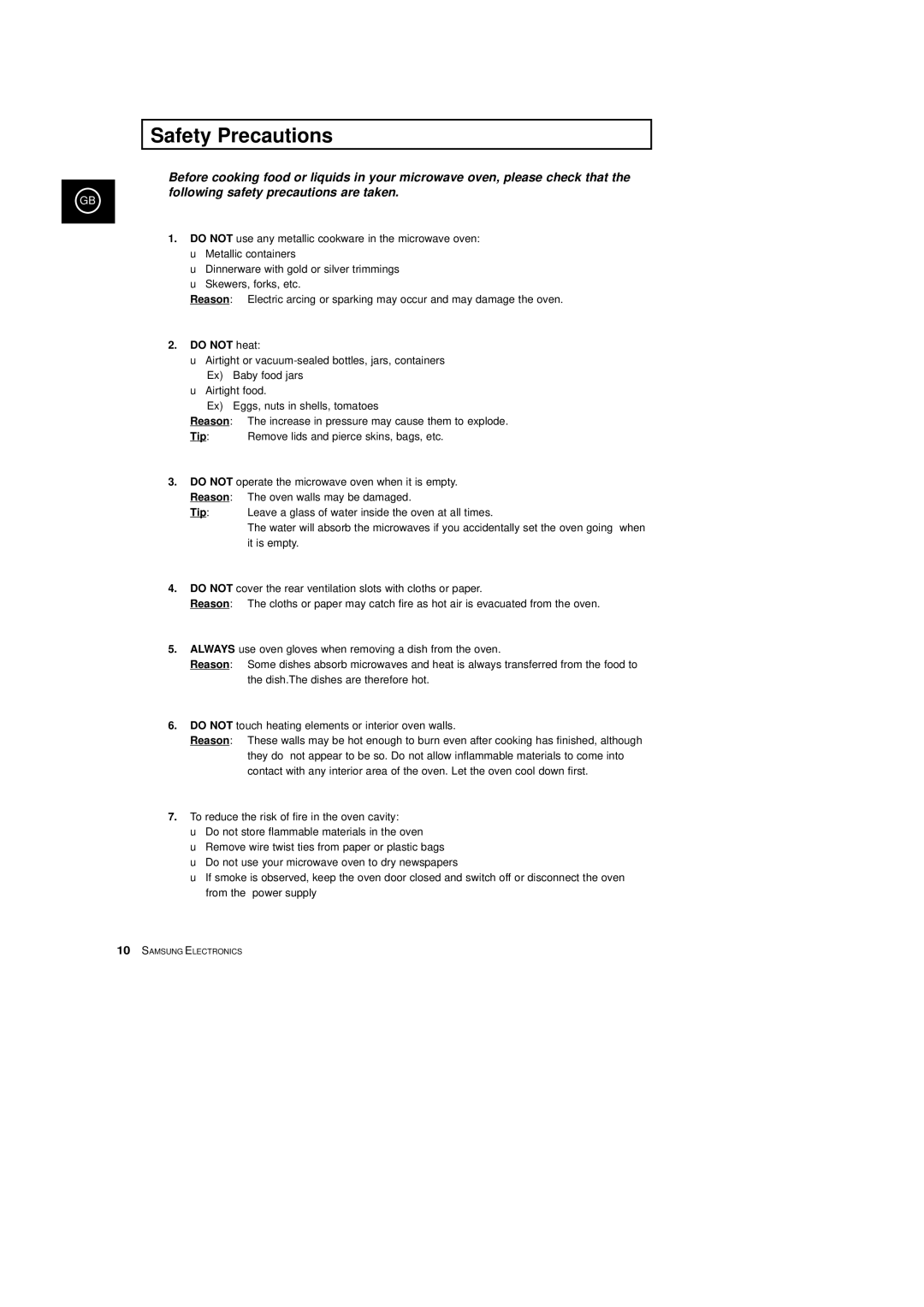 Samsung CE2913T, CE2933T manual Safety Precautions, Do not heat, Reason, Tip 