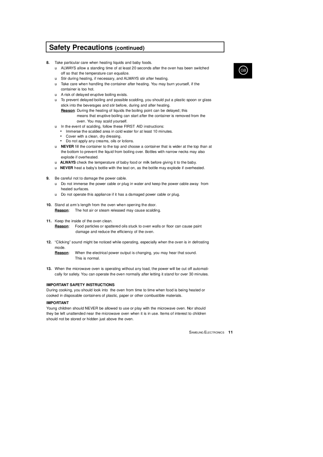 Samsung CE2933T, CE2913T manual Important Safety Instructions 