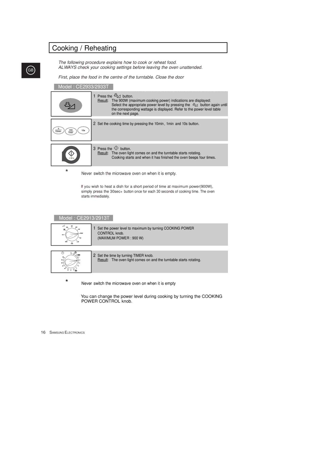 Samsung CE2913T, CE2933T manual Cooking / Reheating, Control knob 