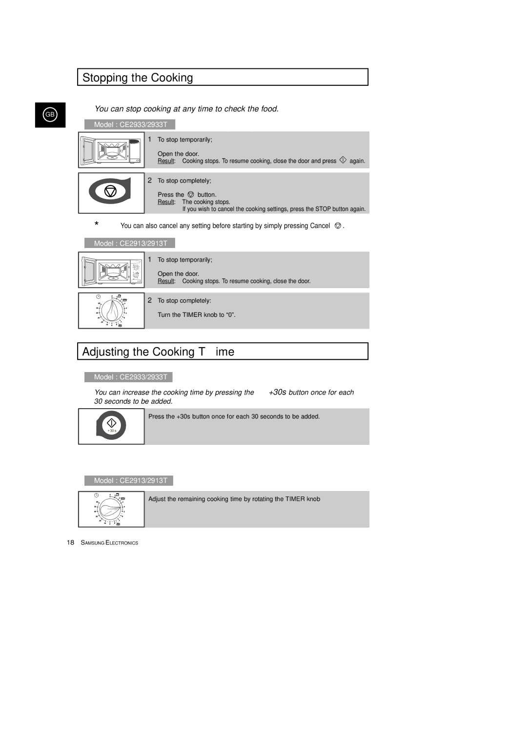 Samsung CE2913T, CE2933T manual Stopping the Cooking, Adjusting the Cooking Time 