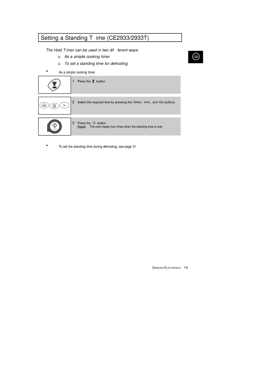 Samsung CE2933T, CE2913T manual Setting a Standing Time CE2933/2933T, As a simple cooking timer 