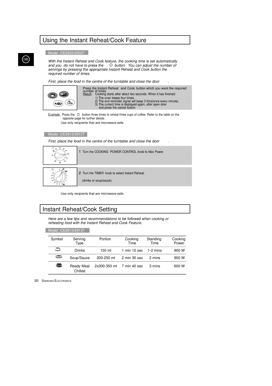 Samsung CE2913T, CE2933T manual Using the Instant Reheat/Cook Feature, Instant Reheat/Cook Setting, Symbol 