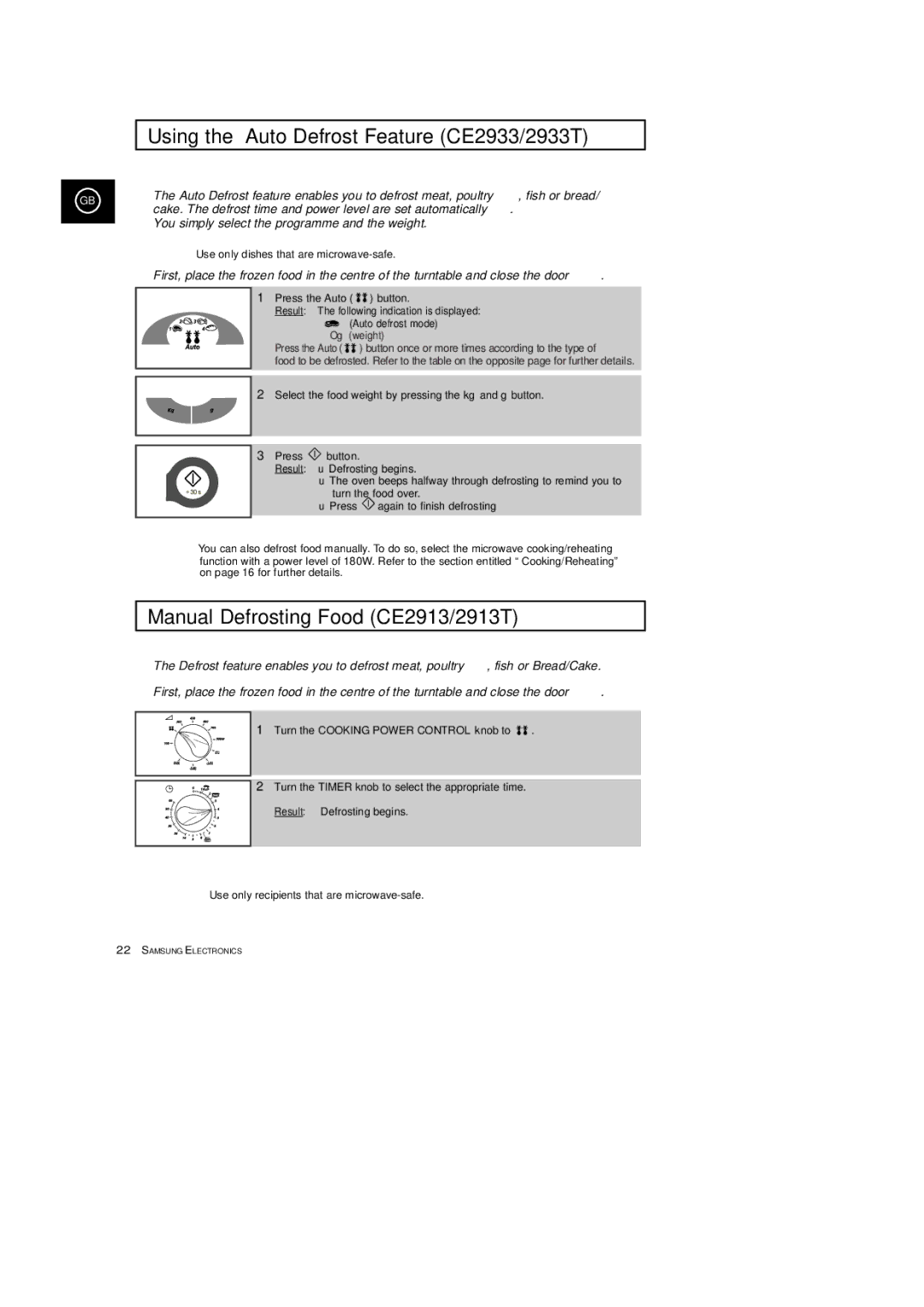 Samsung CE2913T, CE2933T manual Using the Auto Defrost Feature CE2933/2933T, Manual Defrosting Food CE2913/2913T 