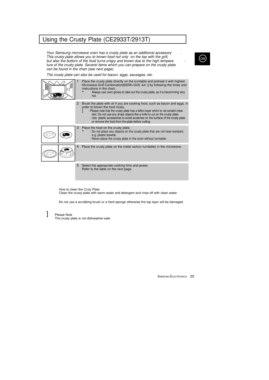 Samsung CE2913T manual Using the Crusty Plate CE2933T/2913T, How to clean the Cruty Plate, Please Note 