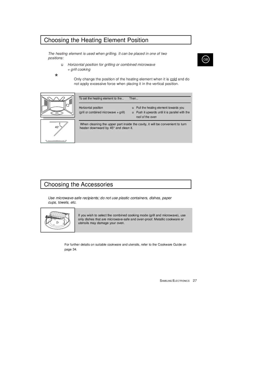 Samsung CE2933T, CE2913T manual Choosing the Heating Element Position, Choosing the Accessories, Then 