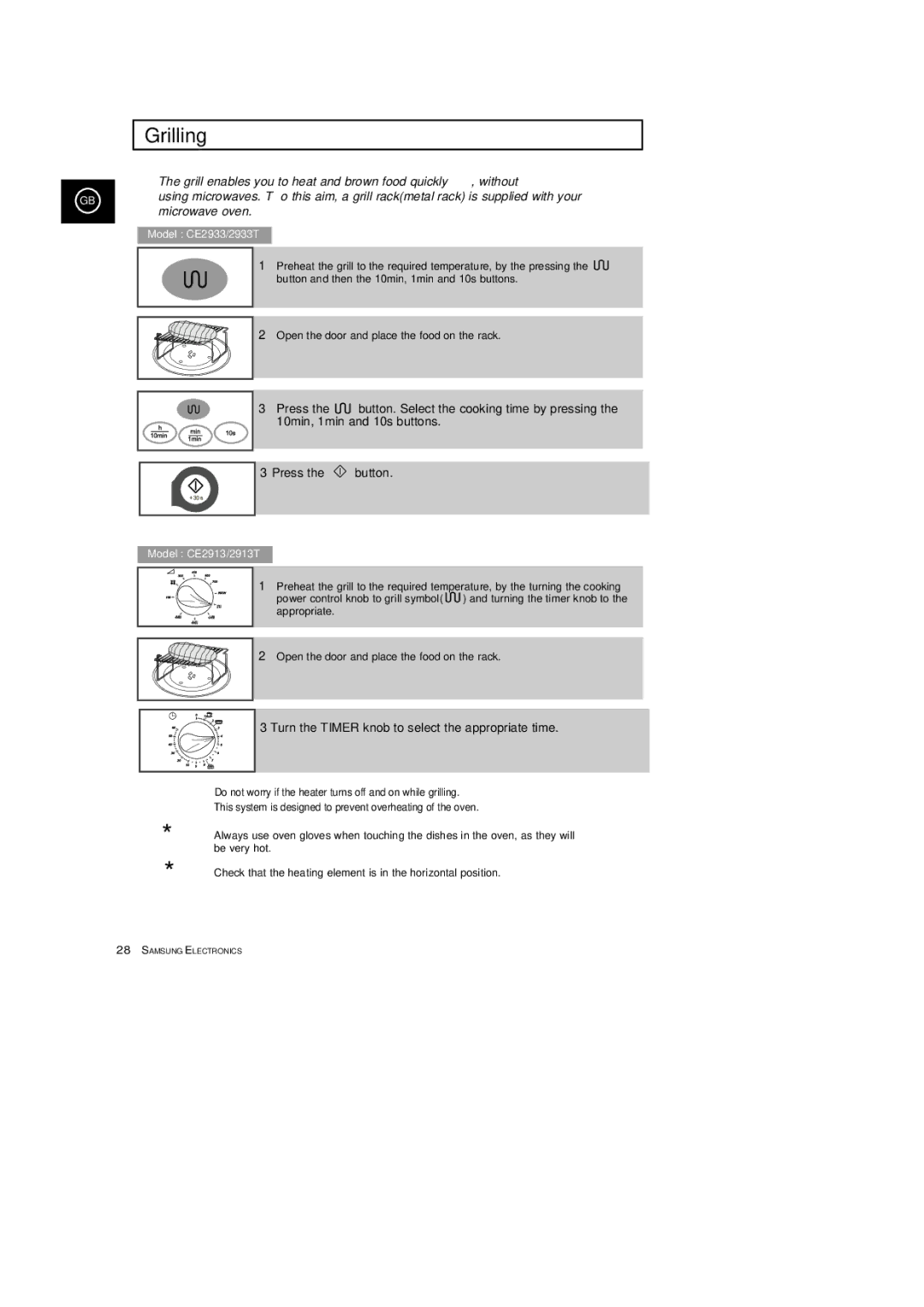 Samsung CE2913T, CE2933T manual Grilling, Model CE2933/2933T 