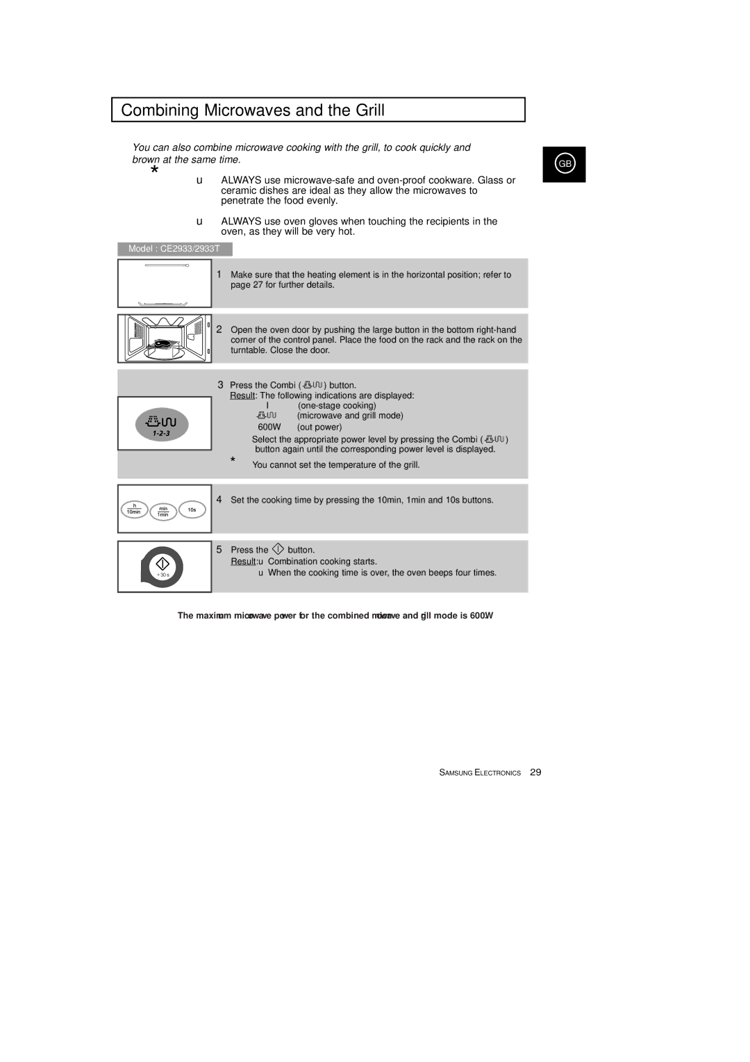 Samsung CE2913T, CE2933T manual Combining Microwaves and the Grill 