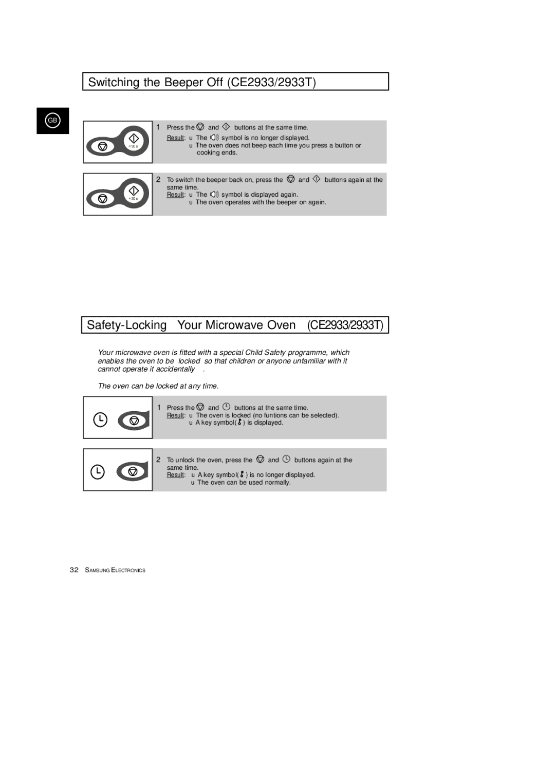 Samsung CE2913T, CE2933T manual Switching the Beeper Off CE2933/2933T, Safety-Locking Your Microwave Oven CE2933/2933T 