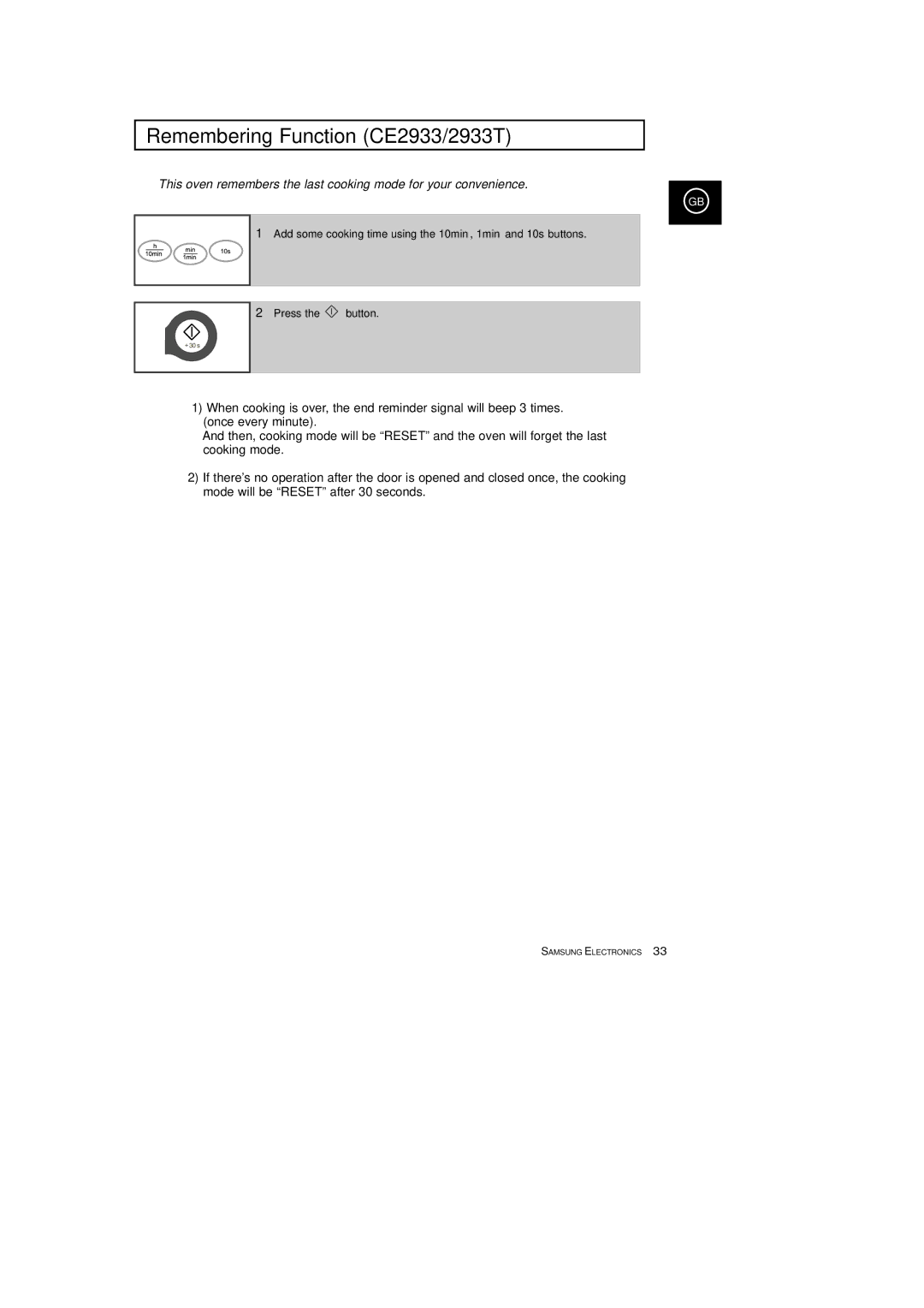 Samsung CE2913T, CE2933T manual Remembering Function CE2933/2933T 