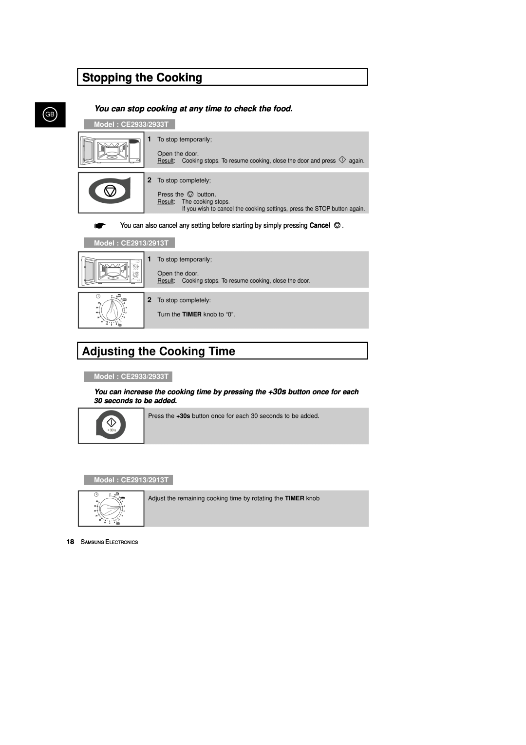 Samsung CE2933 manual Stopping the Cooking, Adjusting the Cooking Time, You can stop cooking at any time to check the food 