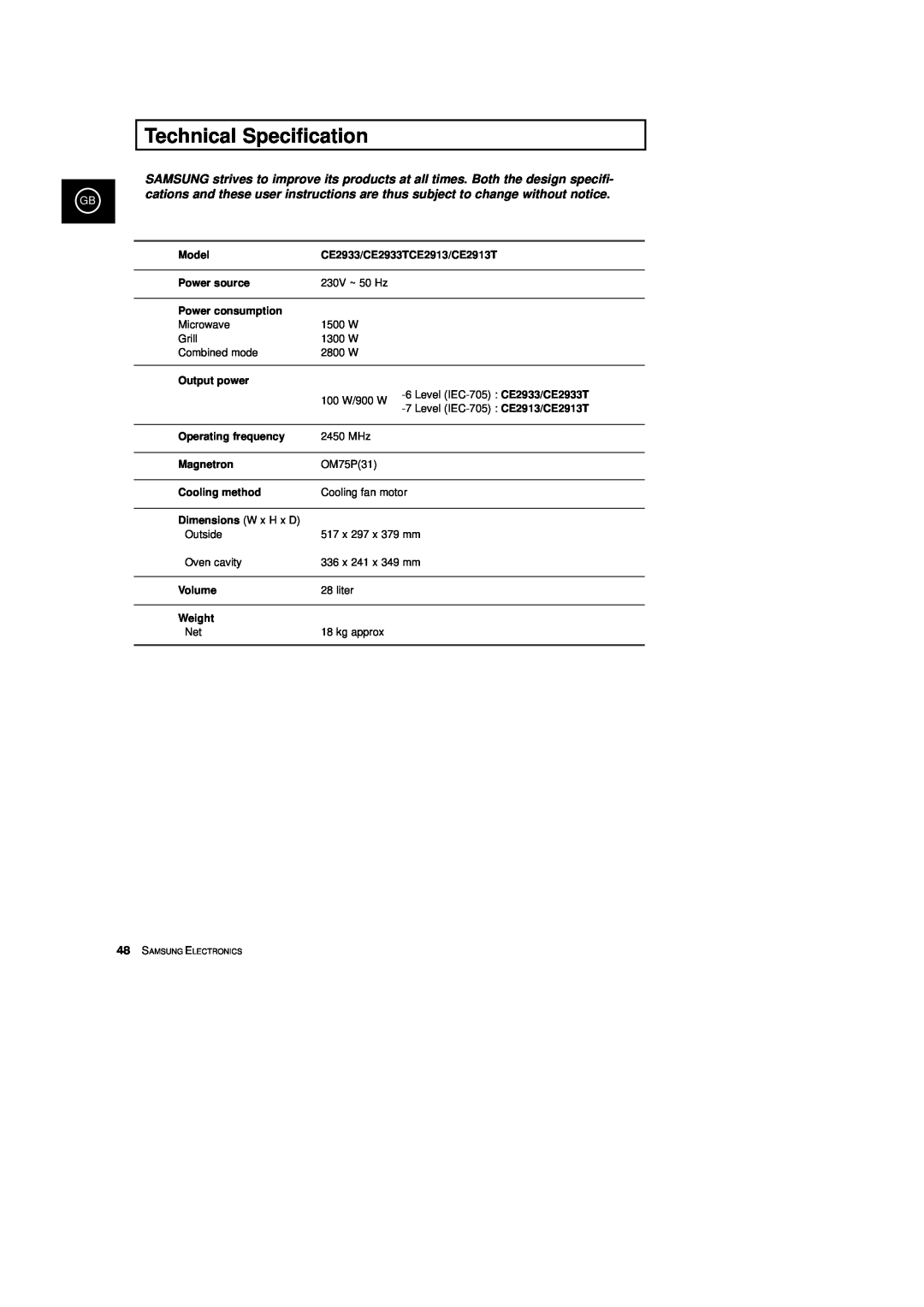Samsung CE2913T, CE2933T manual Technical Specification 