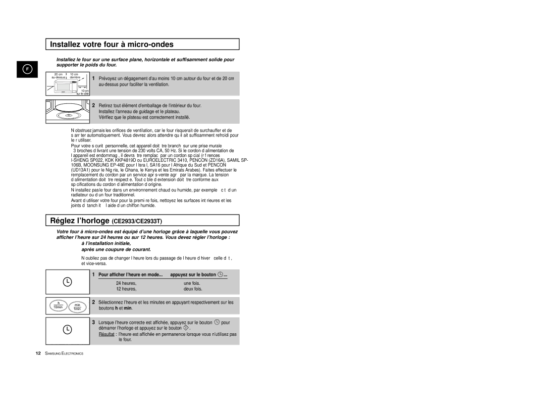 Samsung CE2913/XEF, CE2913-V/XEF manual Installez votre four à micro-ondes, Réglez l’horloge CE2933/CE2933T 