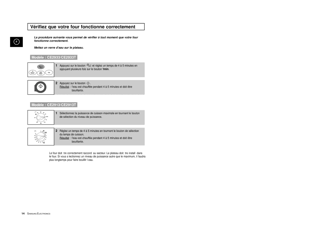 Samsung CE2913/XEF, CE2913-V/XEF manual Vérifiez que votre four fonctionne correctement 