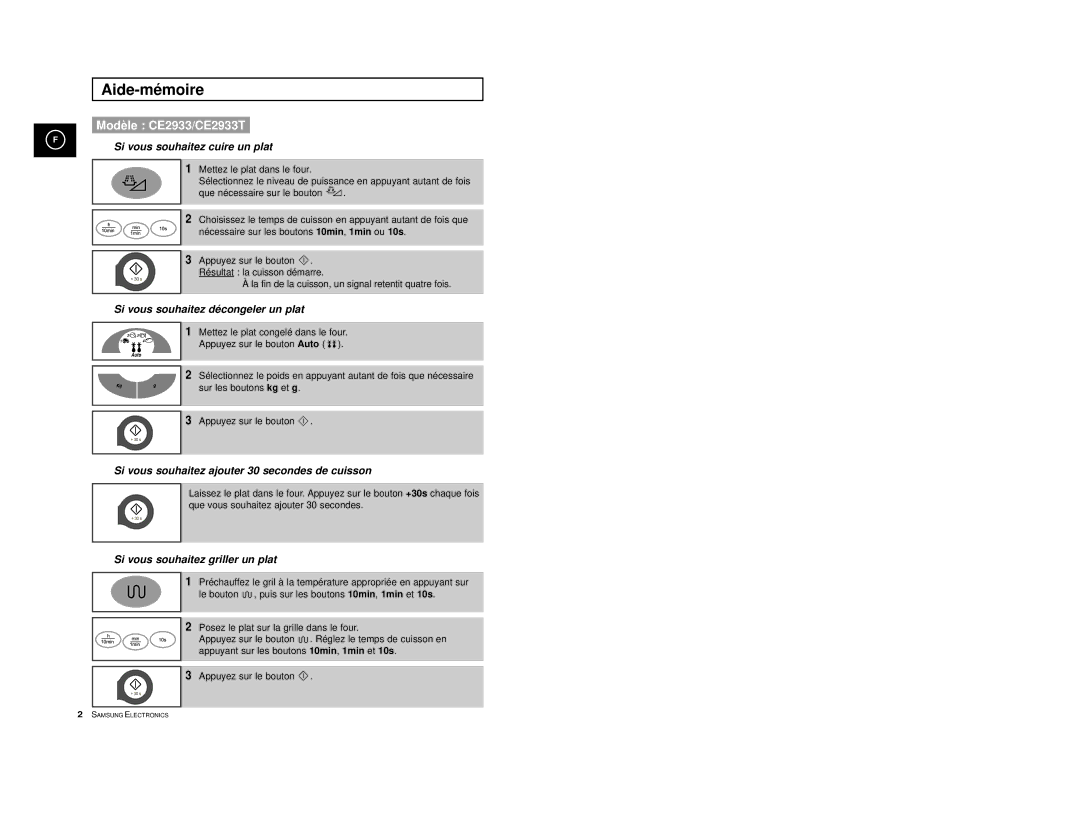 Samsung CE2913/XEF, CE2913-V/XEF manual Aide-mémoire, Modèle CE2933/CE2933T 