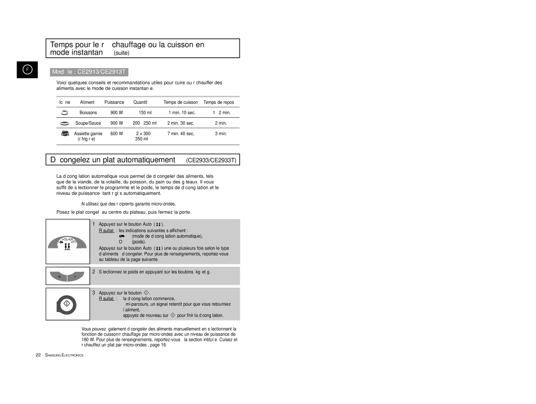 Samsung CE2913/XEF, CE2913-V/XEF manual Dé congelez un plat automatiquement CE2933/CE2933T, Icô ne 