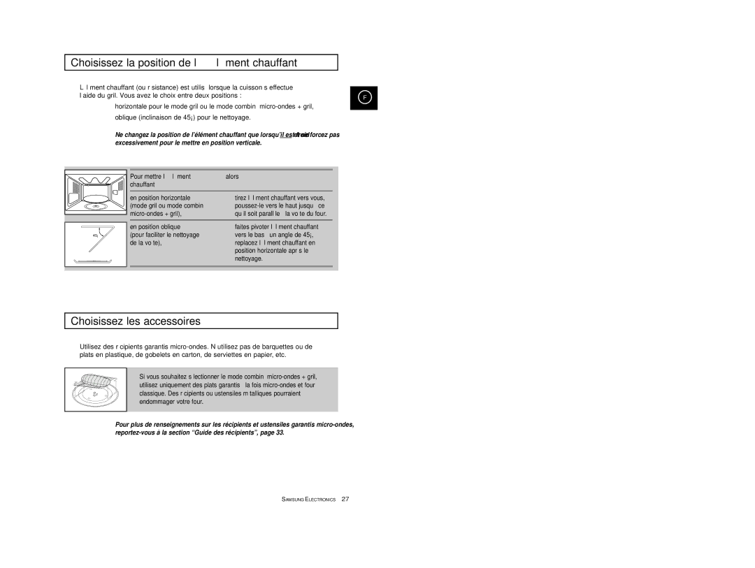 Samsung CE2913-V/XEF, CE2913/XEF manual Choisissez la position de l’é lé ment chauffant, Choisissez les accessoires 