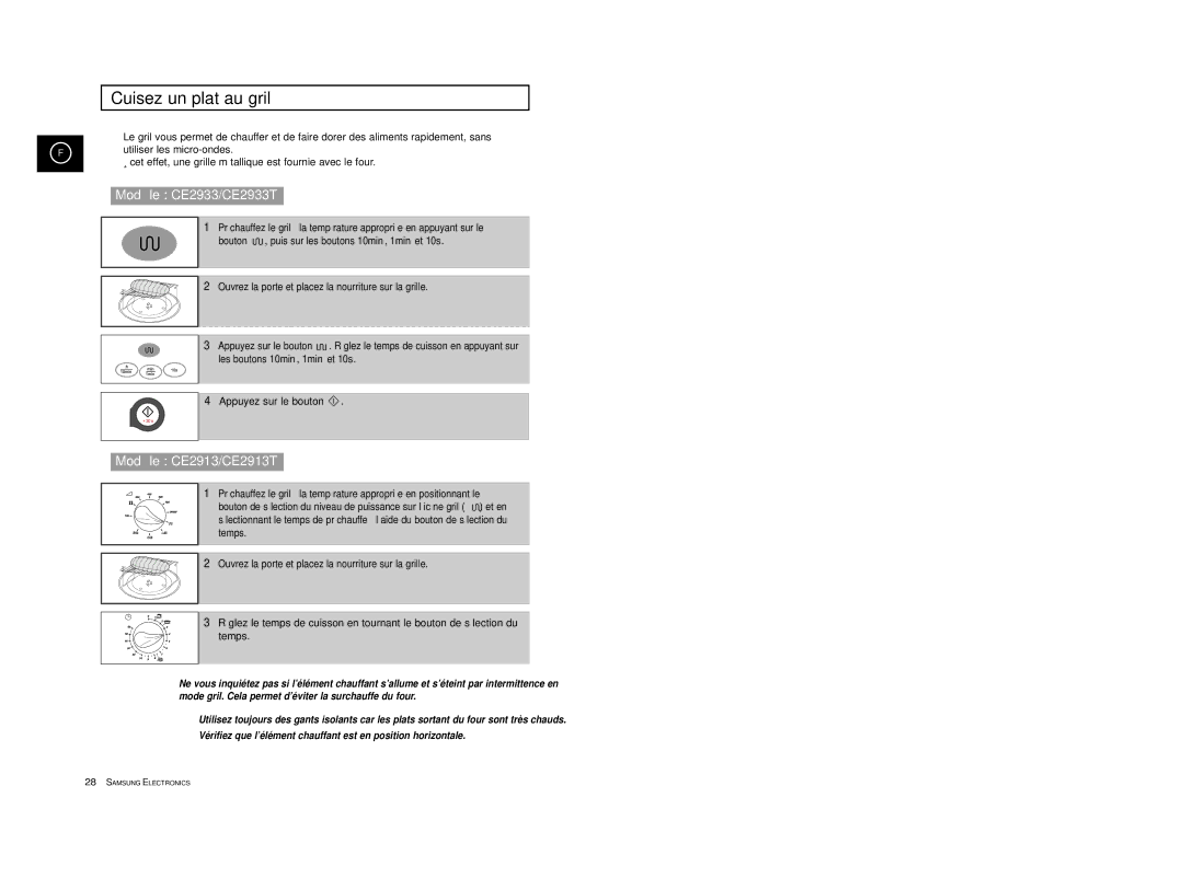 Samsung CE2913/XEF, CE2913-V/XEF manual Cuisez un plat au gril 