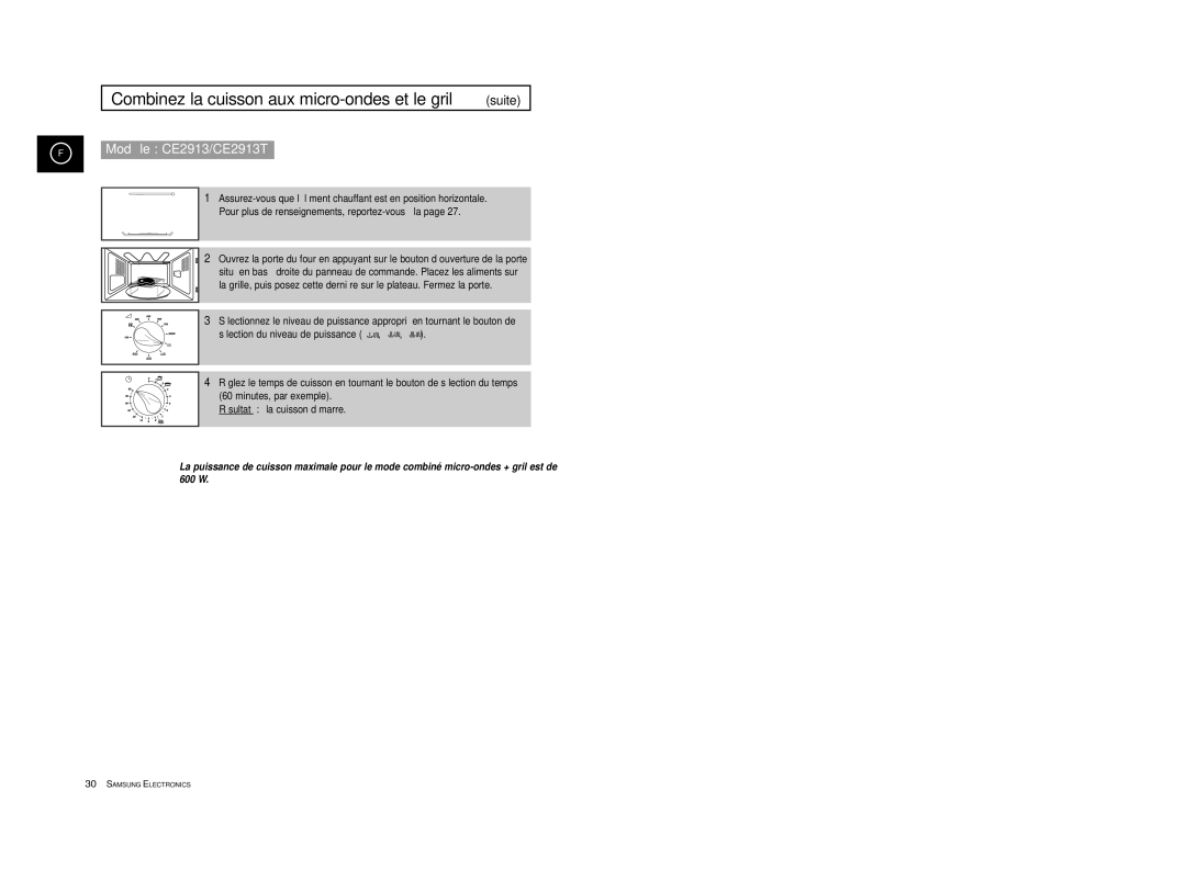 Samsung CE2913/XEF, CE2913-V/XEF manual Combinez la cuisson aux micro-ondes et le gril suite 