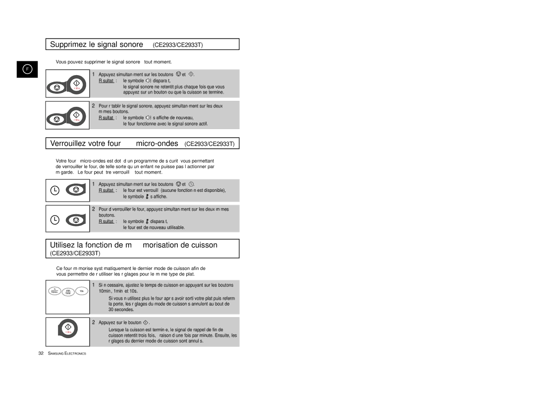 Samsung CE2913/XEF manual Supprimez le signal sonore CE2933/CE2933T, Verrouillez votre four à micro-ondes CE2933/CE2933T 