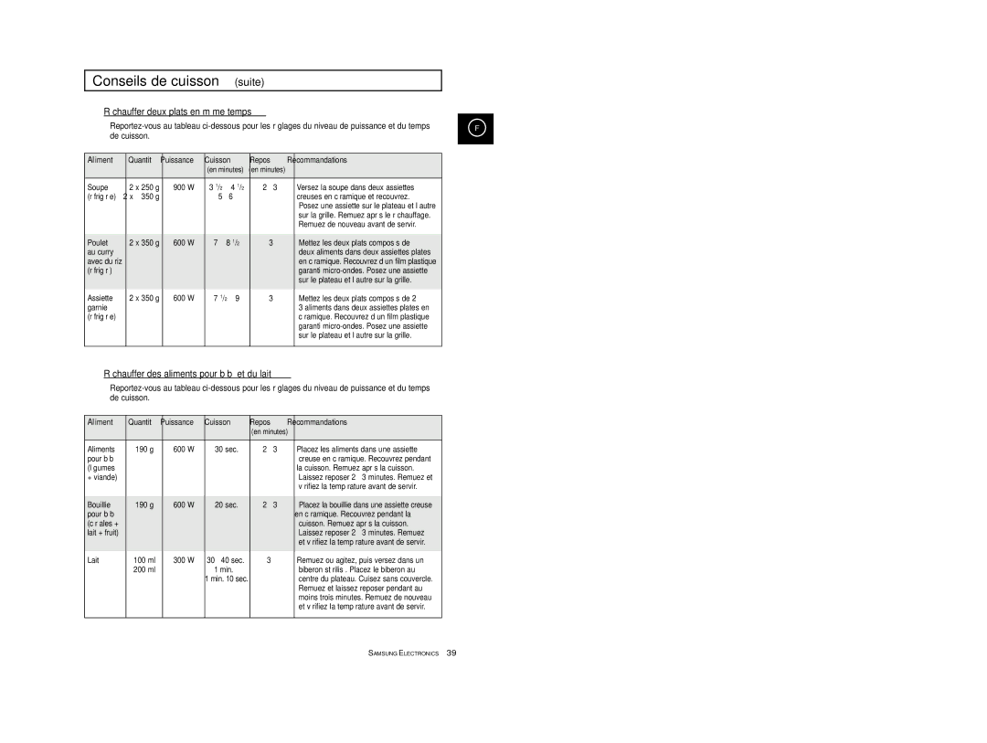 Samsung CE2913-V/XEF, CE2913/XEF manual Réchauffer deux plats en même temps, Réchauffer des aliments pour bébé et du lait 