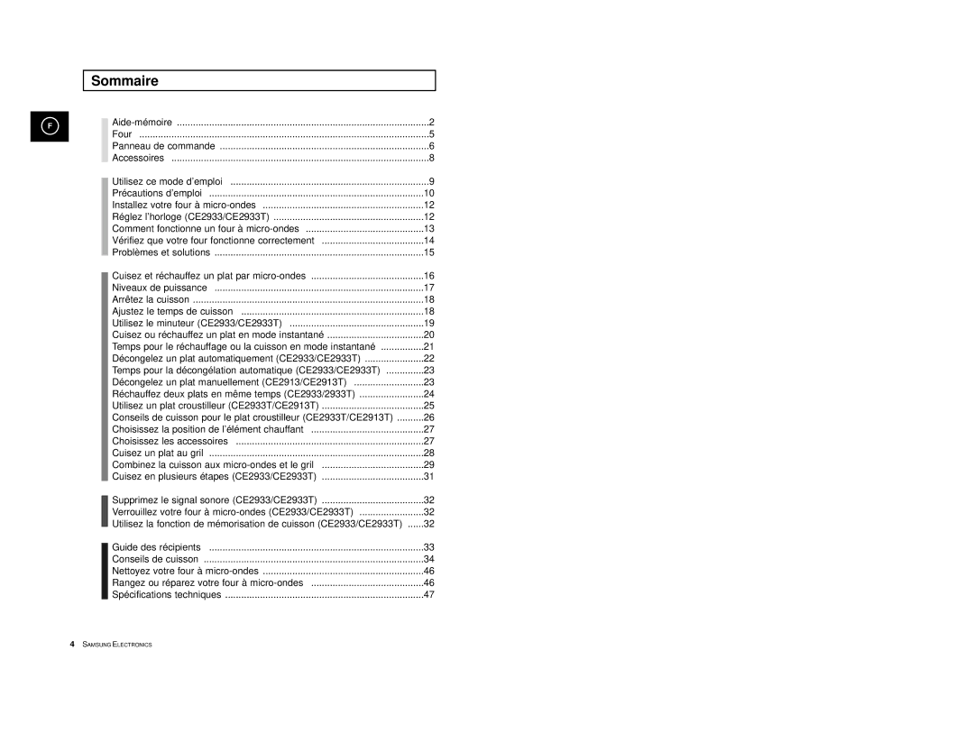 Samsung CE2913/XEF, CE2913-V/XEF manual Sommaire 