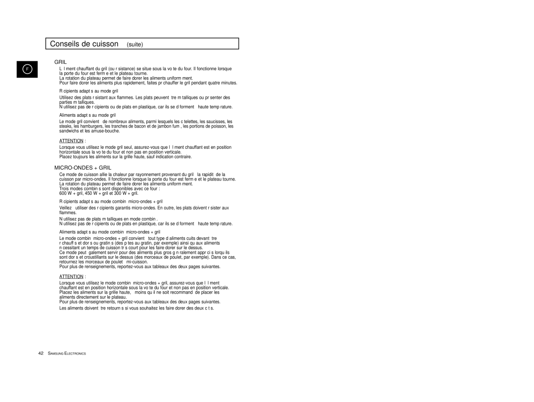 Samsung CE2913/XEF, CE2913-V/XEF manual Récipients adaptés au mode gril, Aliments adaptés au mode gril 