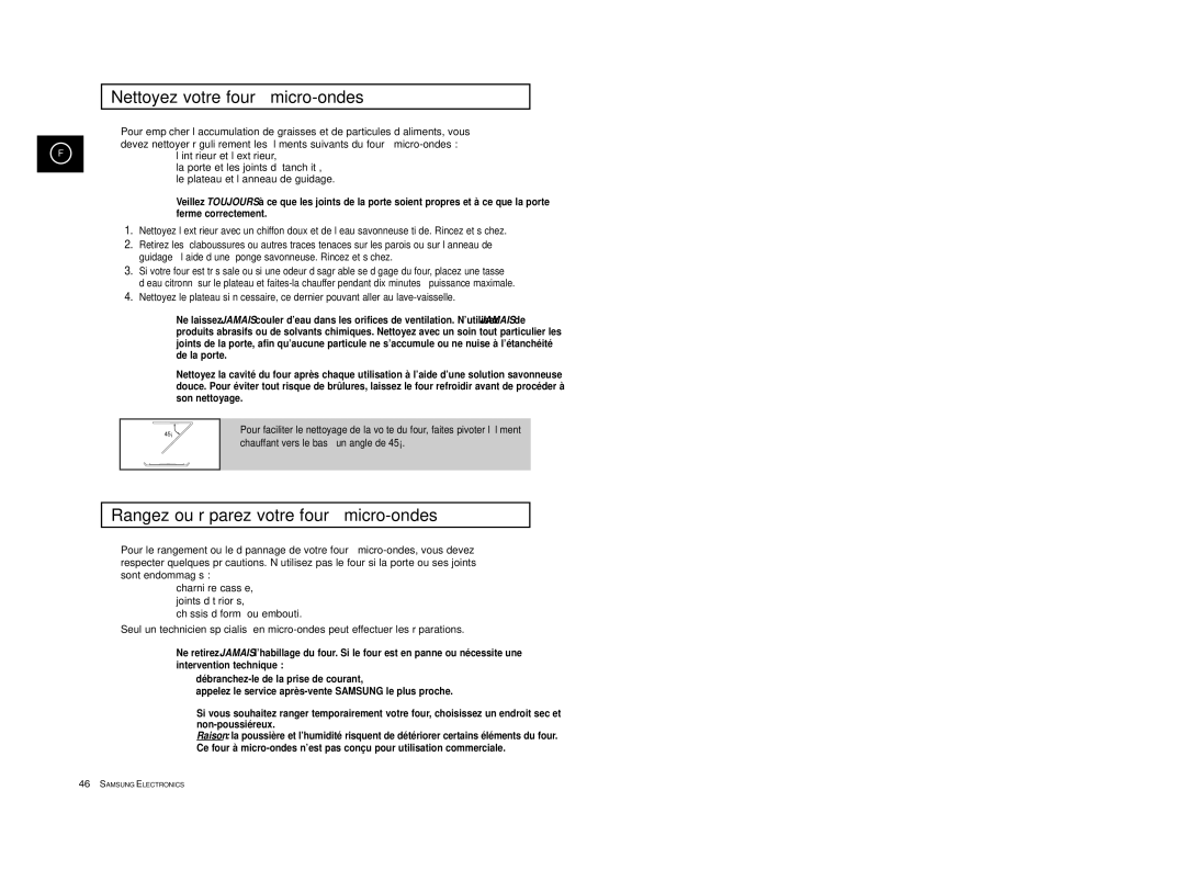 Samsung CE2913/XEF, CE2913-V/XEF manual Nettoyez votre four à micro-ondes, Rangez ou réparez votre four à micro-ondes 