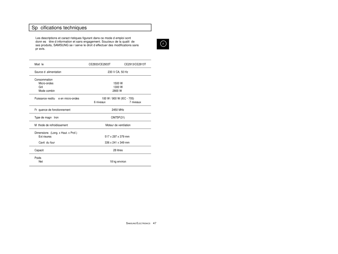 Samsung CE2913-V/XEF, CE2913/XEF manual Spé cifications techniques 