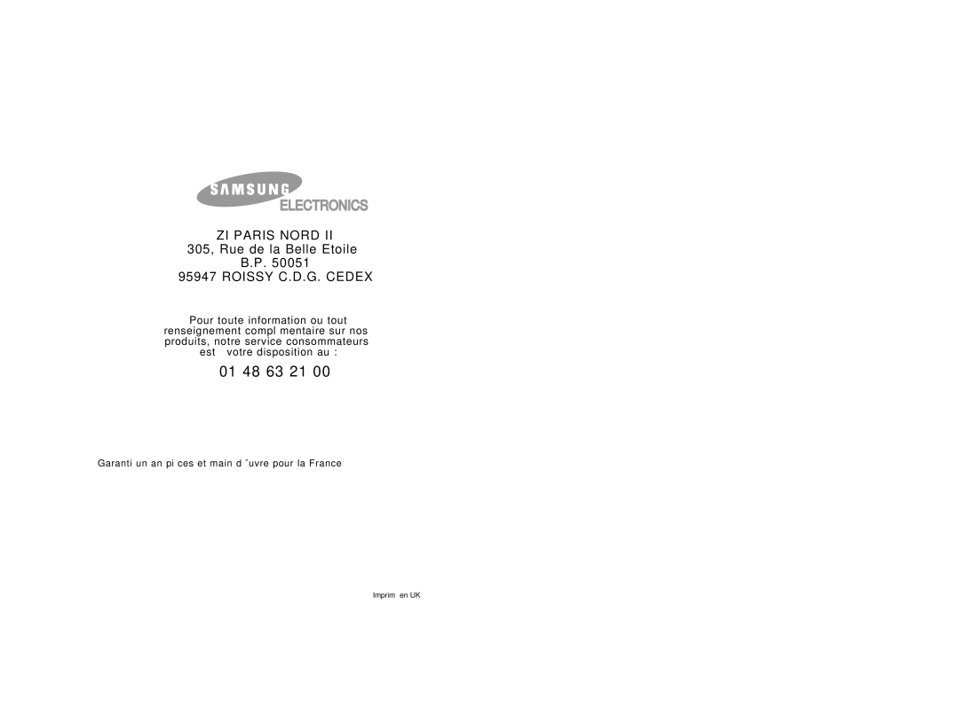 Samsung CE2913/XEF, CE2913-V/XEF manual 01 48 63 21 