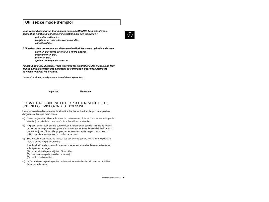 Samsung CE2913-V/XEF, CE2913/XEF manual Utilisez ce mode d’emploi, ImportantRemarque 