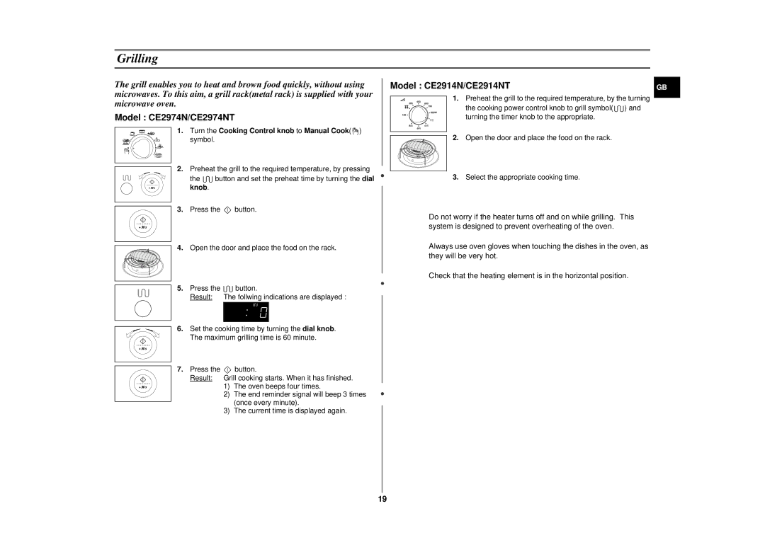 Samsung CE2974N/BOL, CE2914N/BOL, CE2914NT/ELE manual Grilling, Turn the Cooking Control knob to Manual Cook symbol 