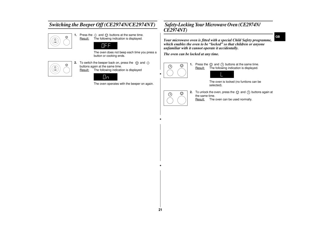 Samsung CE2914N/BOL manual Switching the Beeper Off CE2974N/CE2974NT, Safety-Locking Your Microwave Oven CE2974N/ CE2974NT 