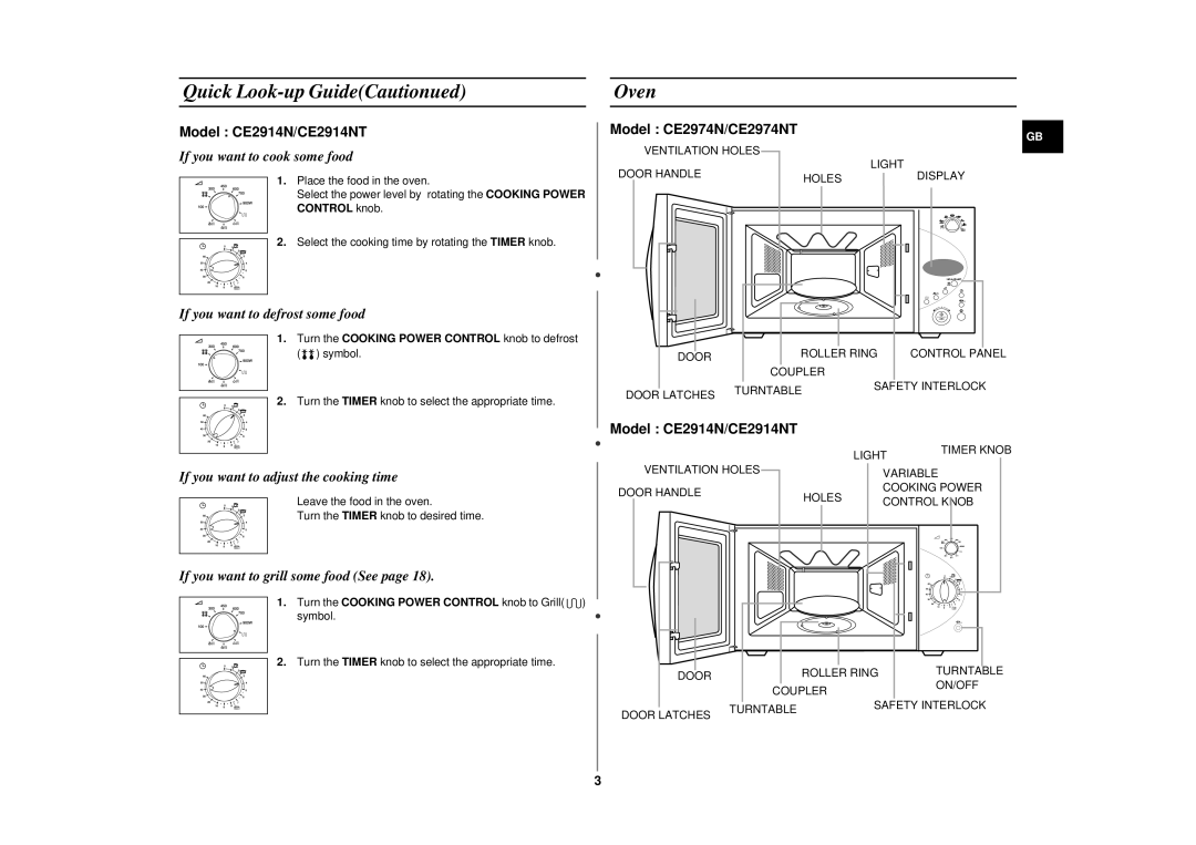 Samsung CE2914N/BOL, CE2974N/BOL manual Quick Look-up GuideCautionued Oven, Turn the Cooking Power Control knob to Grill 