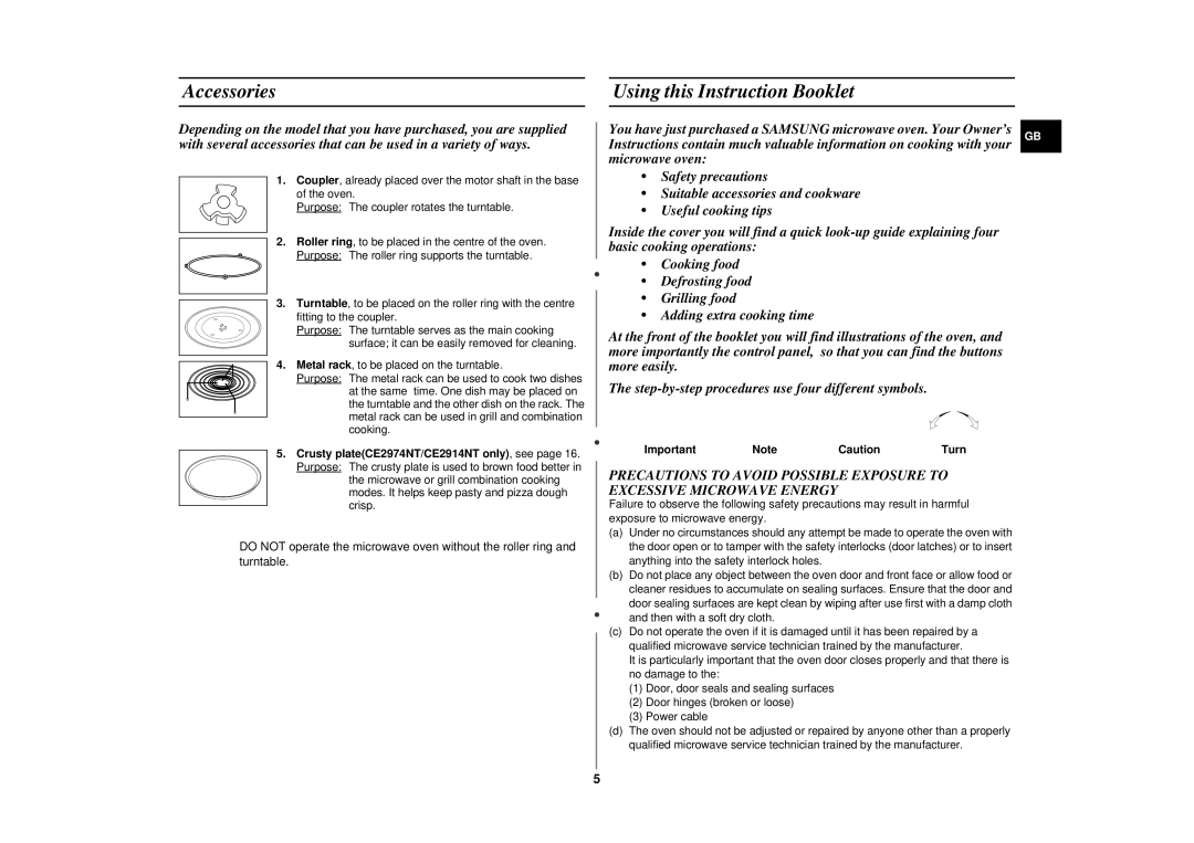 Samsung CE2914NT/ELE, CE2914N/BOL, CE2974N/BOL manual Accessories Using this Instruction Booklet 