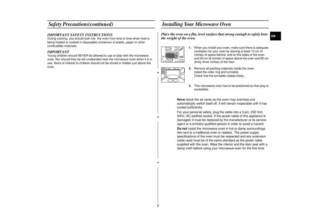 Samsung CE2974N/BOL, CE2914N/BOL, CE2914NT/ELE manual Installing Your Microwave Oven, Important Safety Instructions 