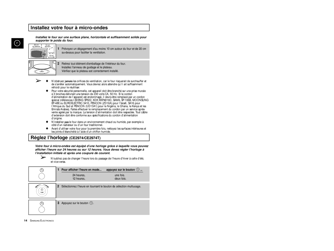 Samsung CE2974T/XEF, CE2914T/XEF, CE2974/XEF manual Installez votre four à micro-ondes, Réglez l’horloge CE2974/CE2974T 