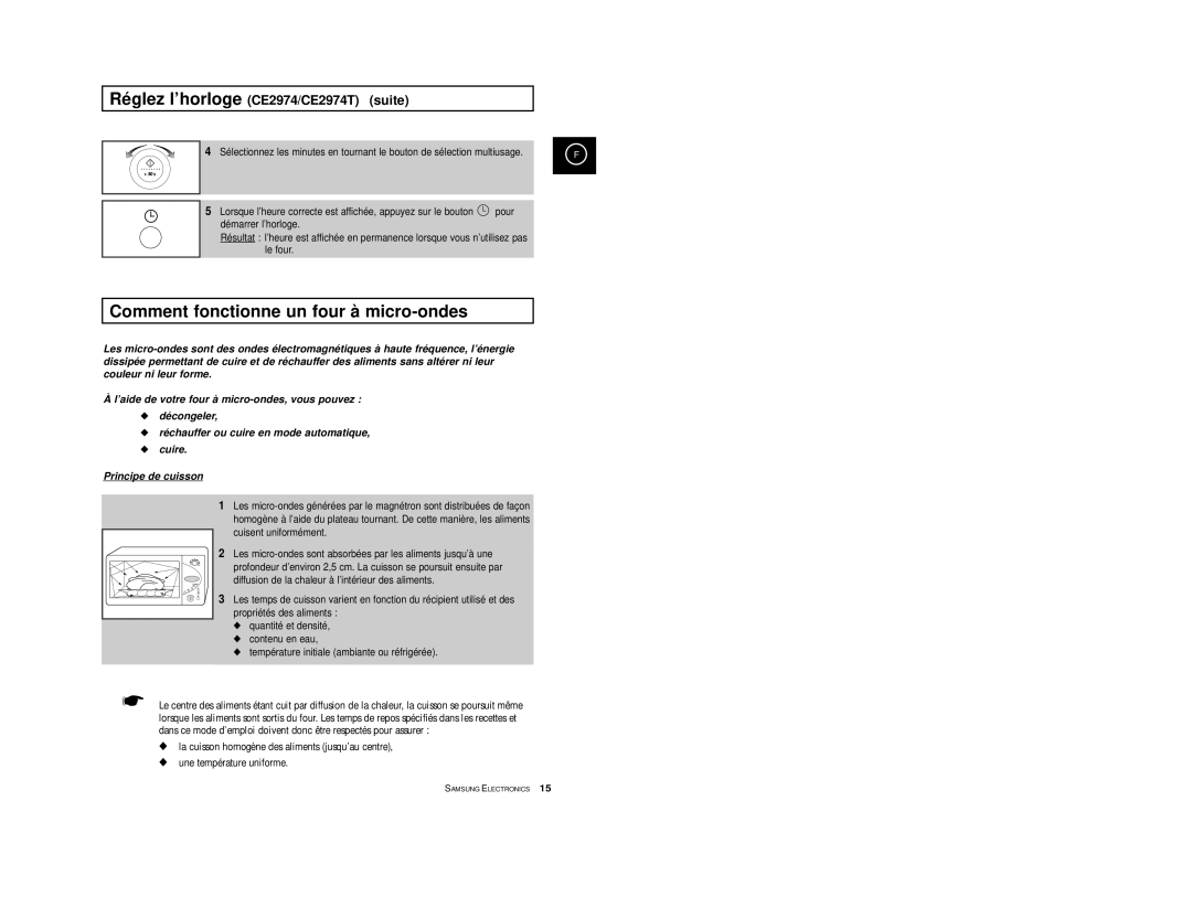 Samsung CE2914T/XEF, CE2974/XEF manual Comment fonctionne un four à micro-ondes, Réglez l’horloge CE2974/CE2974T suite 