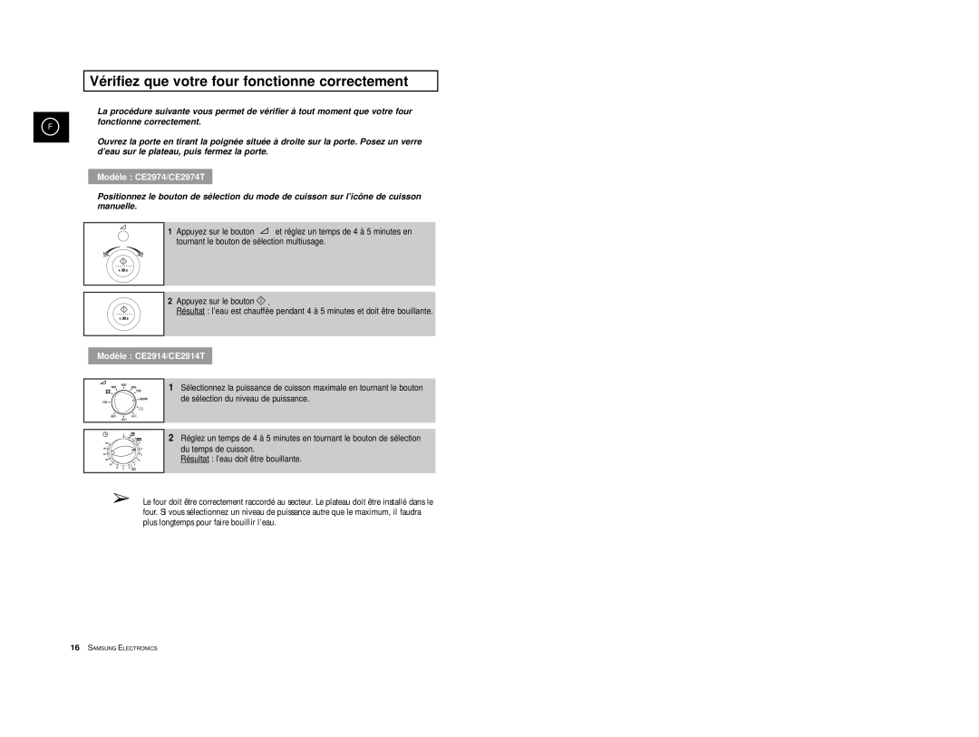 Samsung CE2974/XEF, CE2914T/XEF, CE2974T/XEF manual Vérifiez que votre four fonctionne correctement 