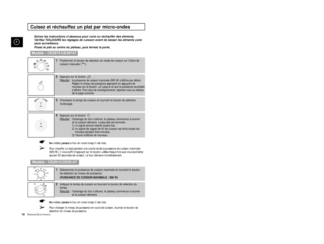 Samsung CE2914T/XEF, CE2974/XEF, CE2974T/XEF manual Cuisez et réchauffez un plat par micro-ondes, Modèle CE2974/CE2974T 