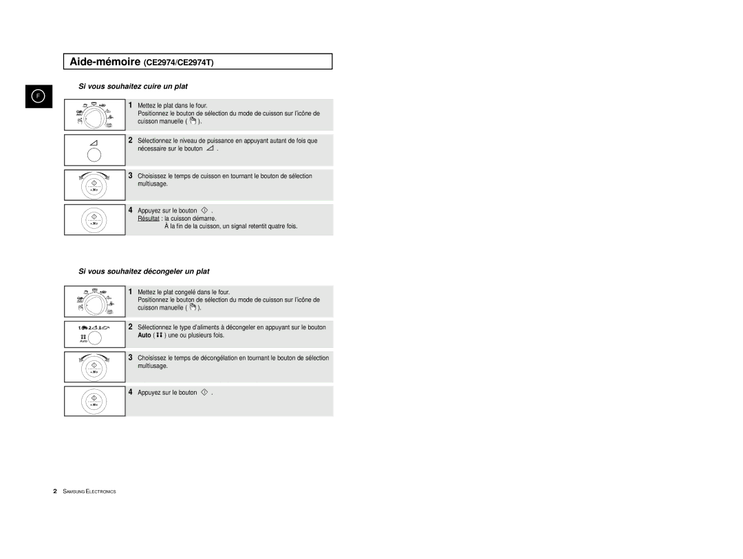 Samsung CE2974T/XEF, CE2914T/XEF, CE2974/XEF manual Aide-mémoireCE2974/CE2974T, Si vous souhaitez cuire un plat 