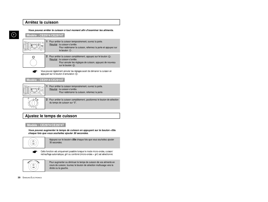 Samsung CE2974T/XEF, CE2914T/XEF, CE2974/XEF manual Arrê tez la cuisson, Ajustez le temps de cuisson 