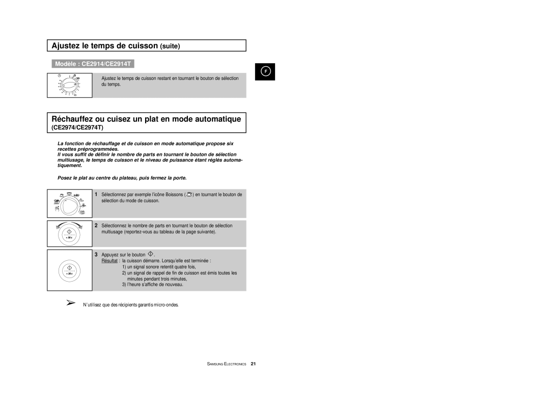 Samsung CE2914T/XEF Ajustez le temps de cuisson suite, Ré chauffez ou cuisez un plat en mode automatique, CE2974/CE2974T 