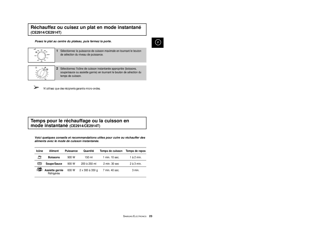 Samsung CE2974T/XEF, CE2914T/XEF, CE2974/XEF manual Ré chauffez ou cuisez un plat en mode instantané, CE2914/CE2914T, Icô ne 