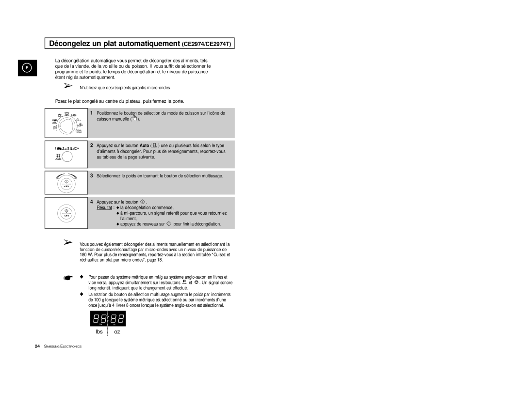 Samsung CE2914T/XEF, CE2974/XEF, CE2974T/XEF manual Dé congelez un plat automatiquement CE2974/CE2974T 