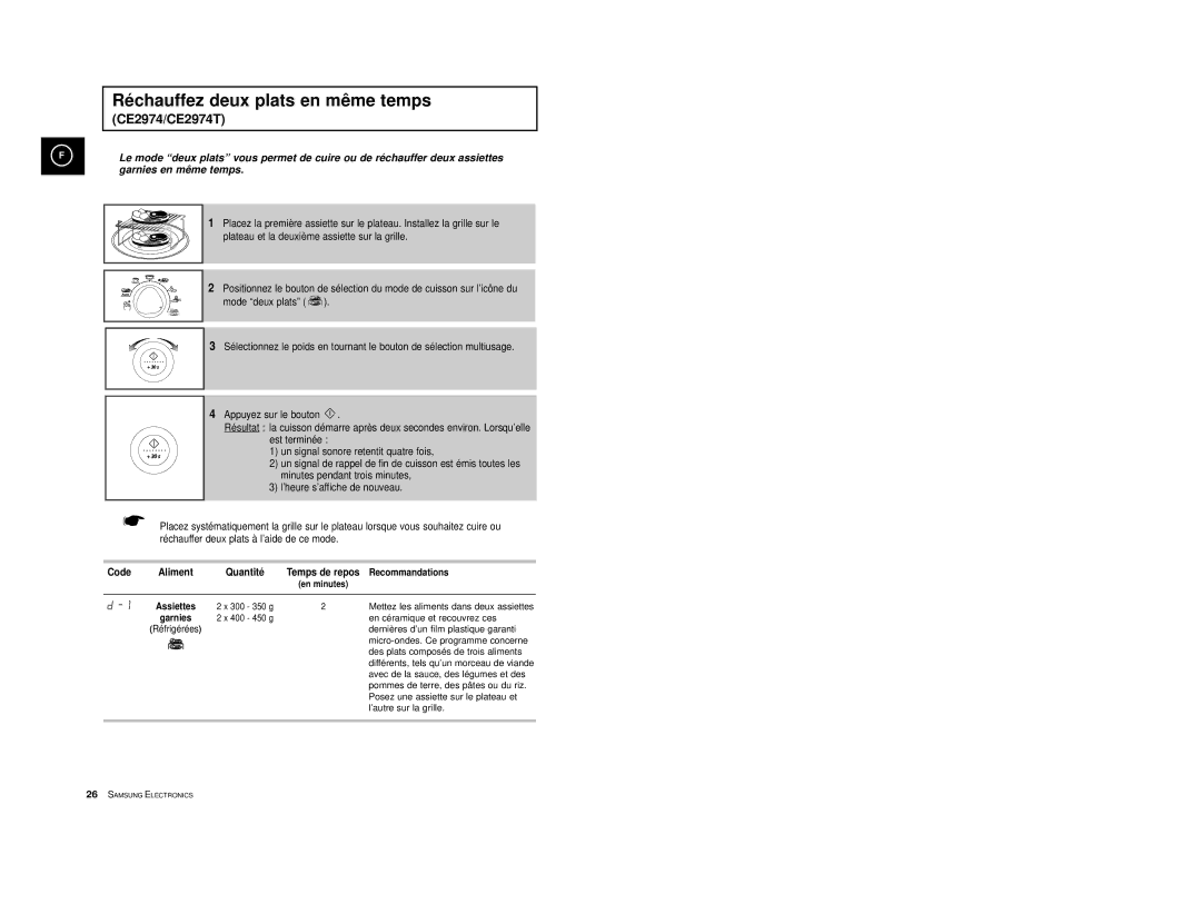 Samsung CE2974T/XEF, CE2914T/XEF, CE2974/XEF manual Ré chauffez deux plats en mê me temps, Code 