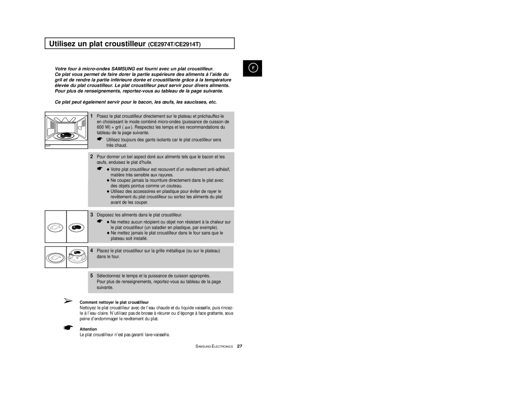 Samsung CE2914T/XEF, CE2974/XEF manual Utilisez un plat croustilleur CE2974T/CE2914T, Comment nettoyer le plat croustilleur 