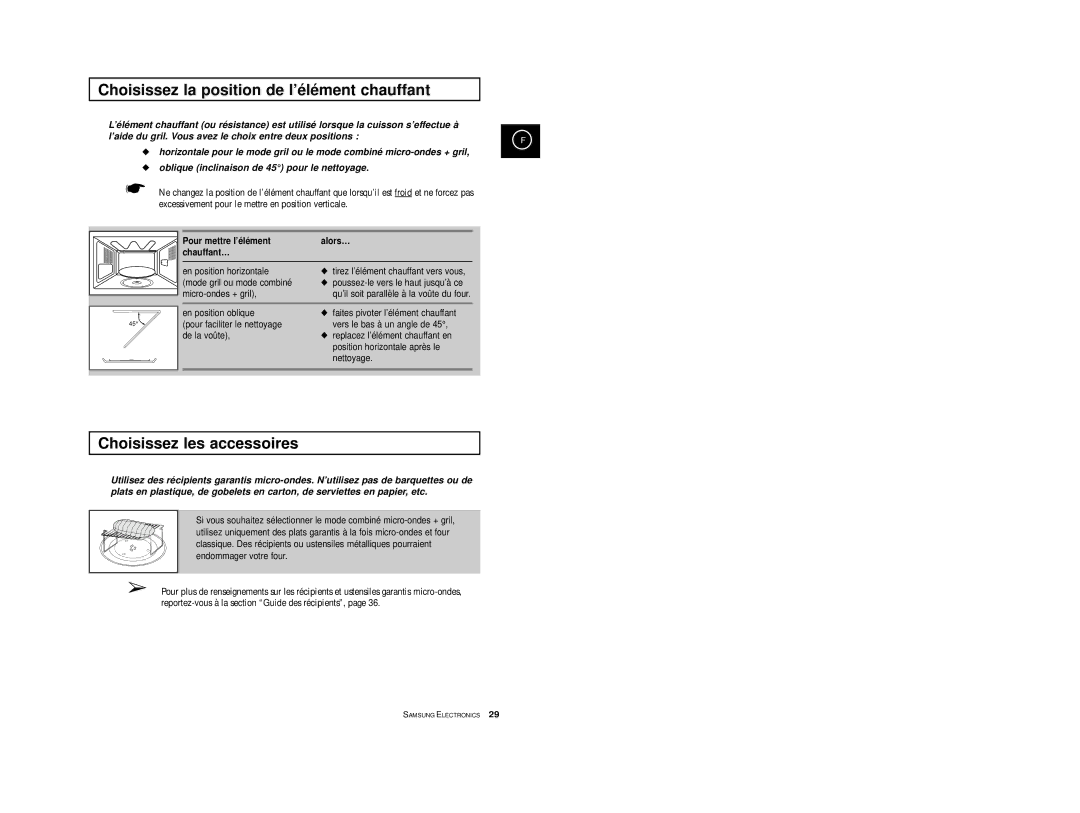 Samsung CE2974T/XEF, CE2914T/XEF, CE2974/XEF manual Choisissez la position de l’élément chauffant, Choisissez les accessoires 