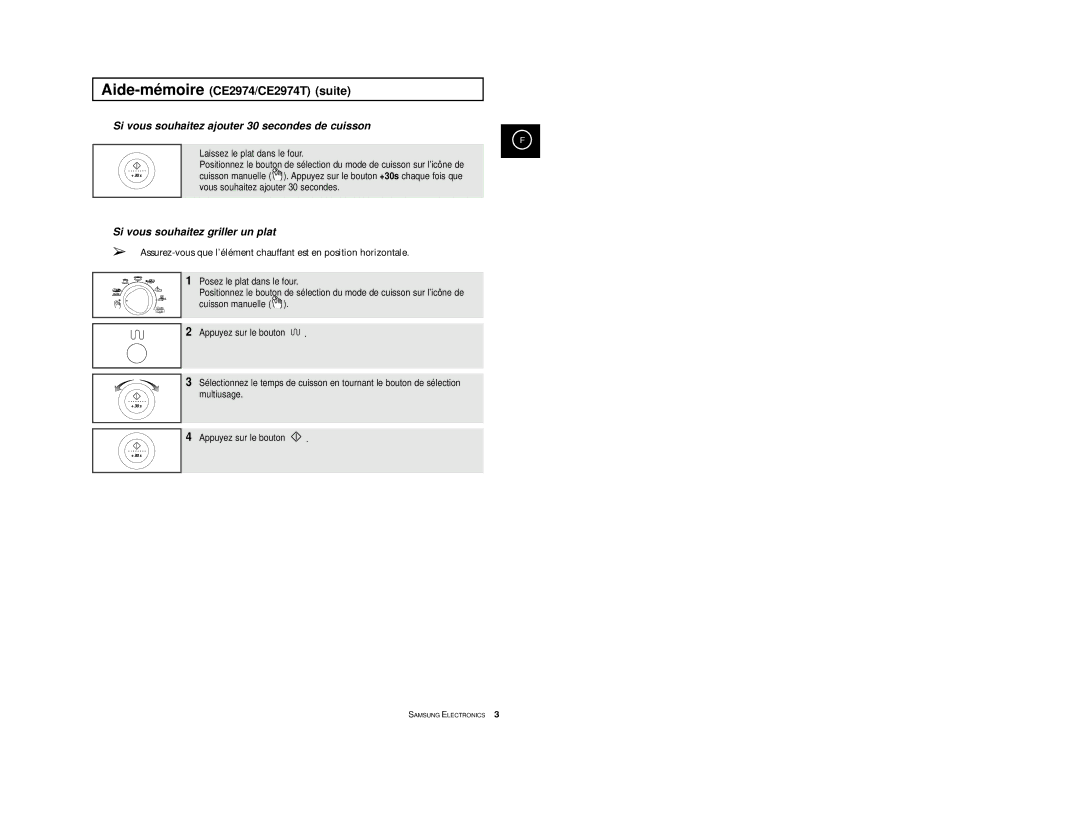 Samsung CE2914T/XEF, CE2974/XEF manual Aide-mémoireCE2974/CE2974T suite, Si vous souhaitez ajouter 30 secondes de cuisson 